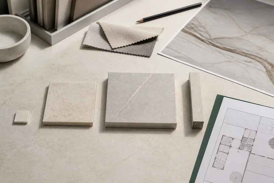 Editorial illustration of sintered stone sample chips, larger pieces, a cut edge and full-slab approval evidence on a specification table