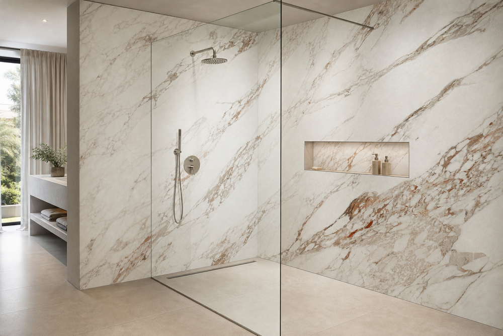 Walk-in shower with full-height white marble-look sintered stone wall panels and a recessed niche