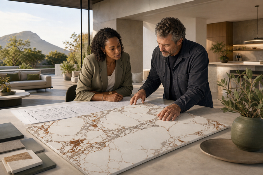South African project buyer reviewing a Burberry-pattern sintered stone slab with a fabricator