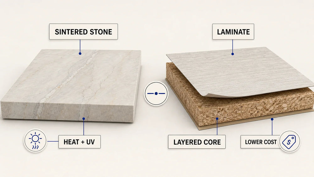 Sintered stone slab and layered laminate countertop construction compared in a labeled material illustration
