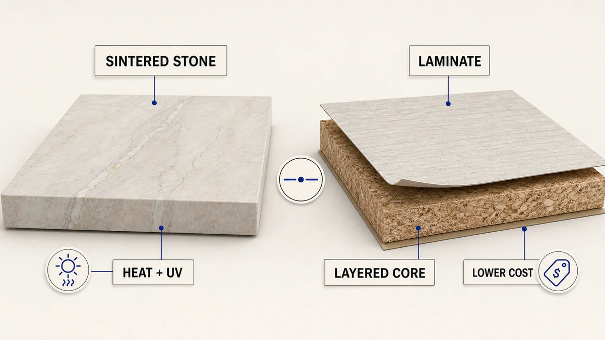 Sintered stone slab and layered laminate countertop construction compared in a labeled material illustration