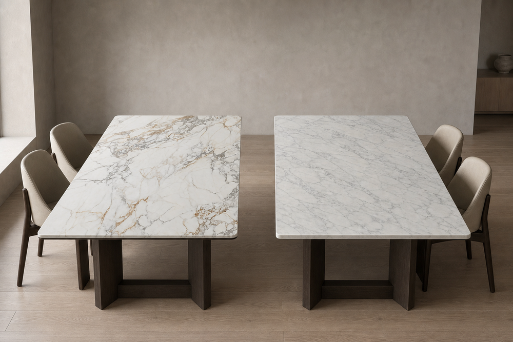 Sintered stone and marble dining tables compared side by side in a neutral dining room