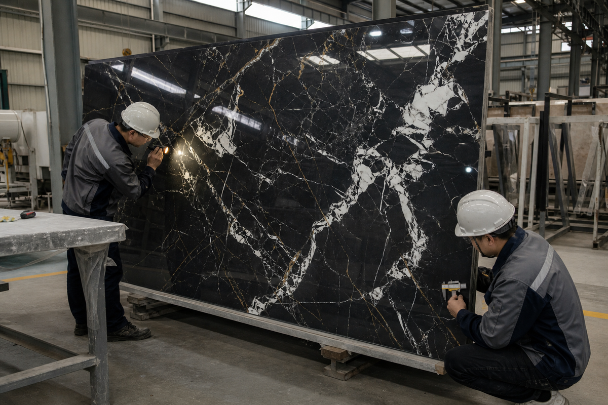 Factory technicians inspecting a black marble-look sintered stone slab