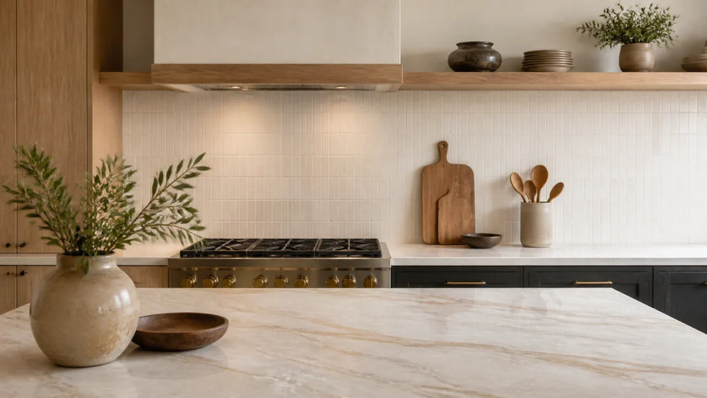 Cuisine avec plan de travail crème veiné d’or, crédence en carreaux blancs étroits et étagères en bois