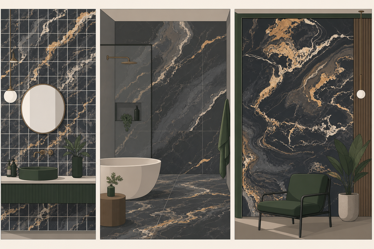 Flat illustration comparing ceramic, porcelain and large-format sintered stone marble-look surfaces