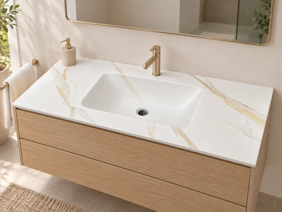 Calacatta Gold sintered stone washbasin on a bathroom vanity