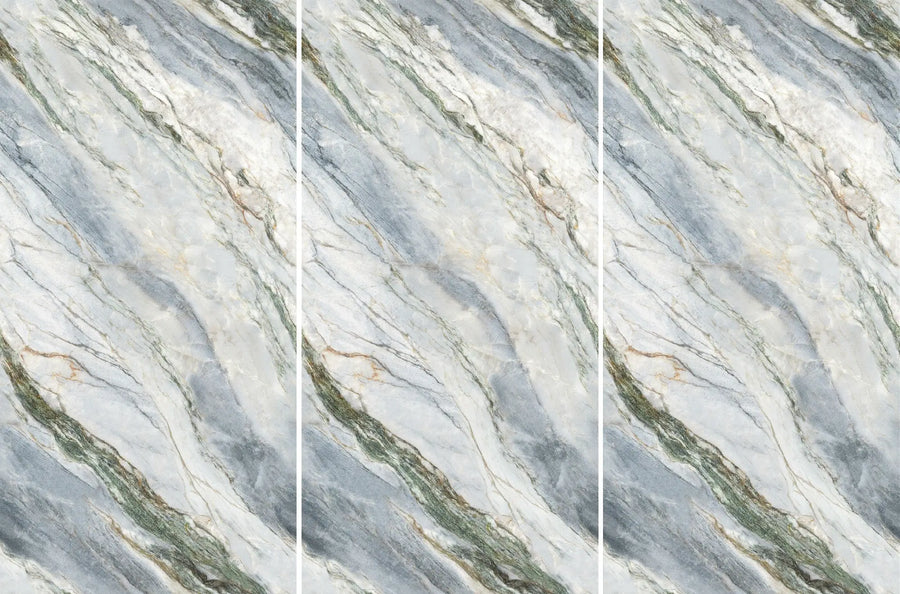 Close-up of Mountain Green Stream sintered stone slab showing green mineral movement