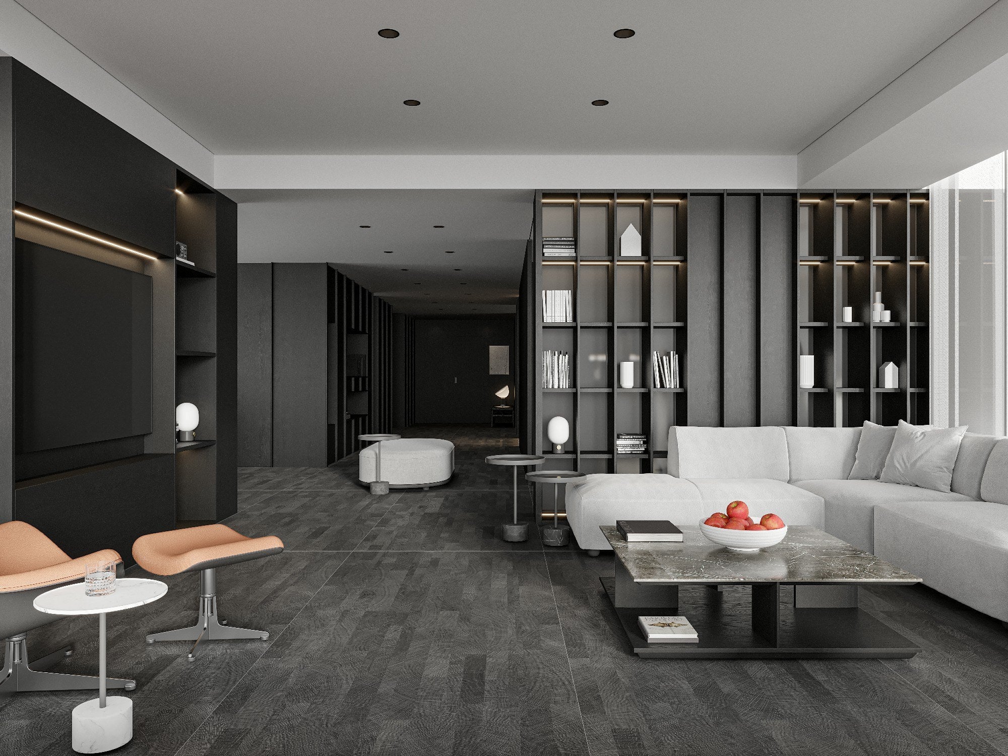 Black Teak wood look sintered stone used on a modern dark interior floor