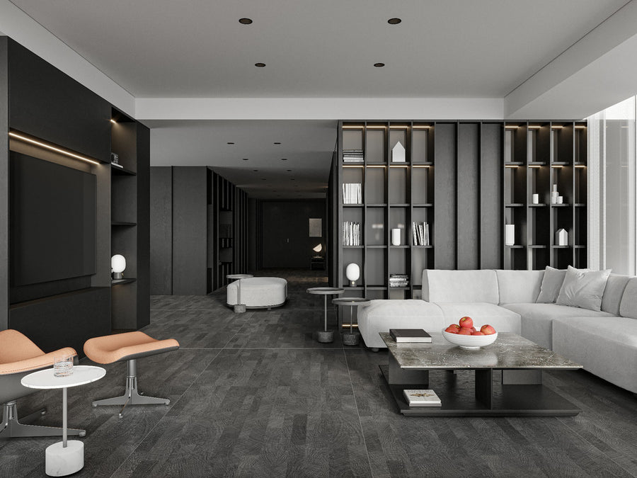 Спечённый камень Black Teak под дерево на полу современного тёмного интерьера