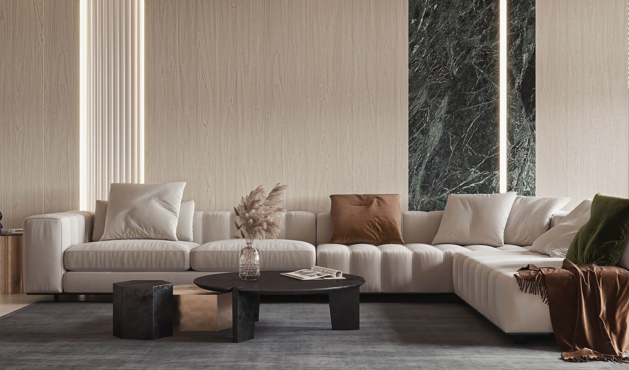 White Walnut wood look sintered stone feature wall in a modern living room