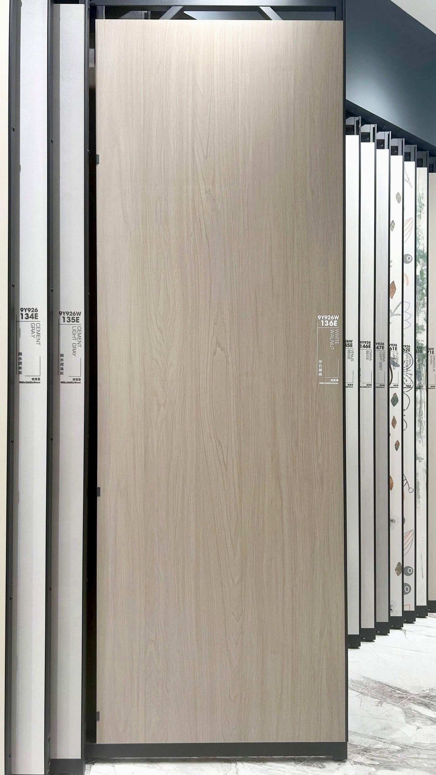 White Walnut 136E wood look sintered stone labeled display