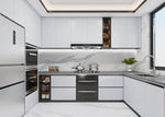 Façades de placards de cuisine gris clair autour d’une crédence blanche veinée — pierre frittée Light Grey Fabric Texture