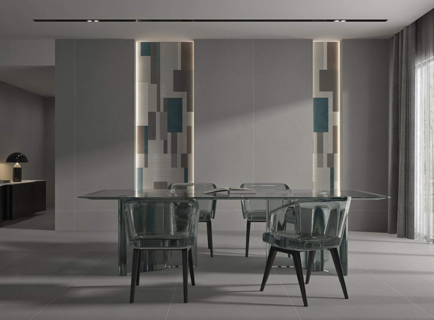 Burano Pearl geometric sintered stone wall panels in a contemporary dining room