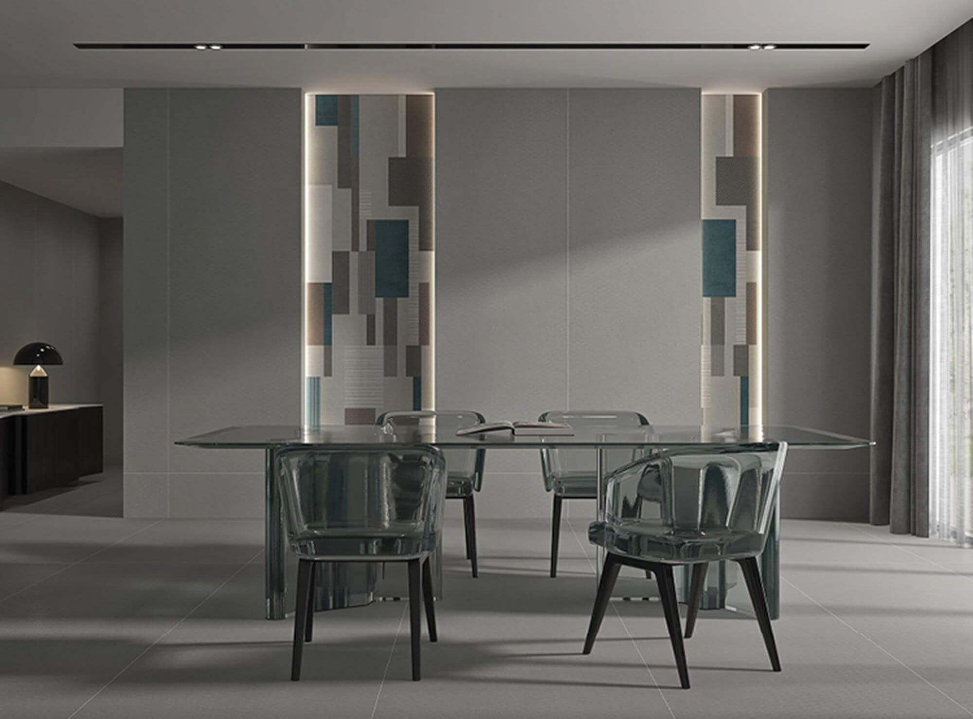 Burano Pearl geometric sintered stone wall panels in a contemporary dining room