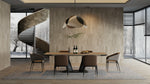 Mur effet bois gris-brun derrière une table à manger et un escalier courbe — pierre frittée Natural Teak Wood Look