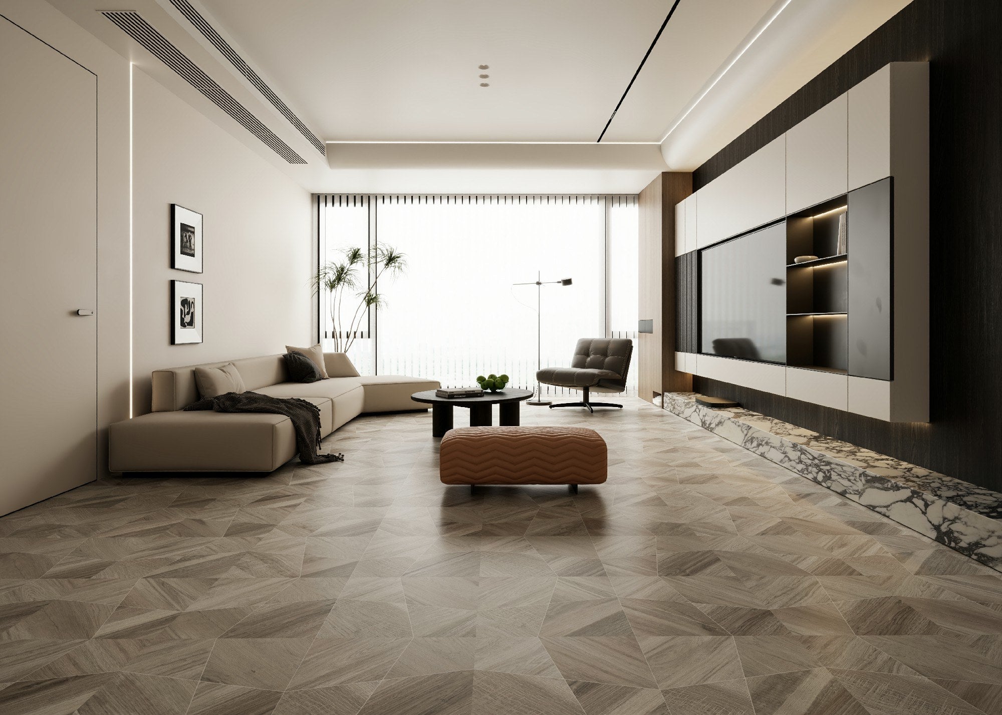 Shipwood Light geometric wood-look sintered stone used on a modern living room floor