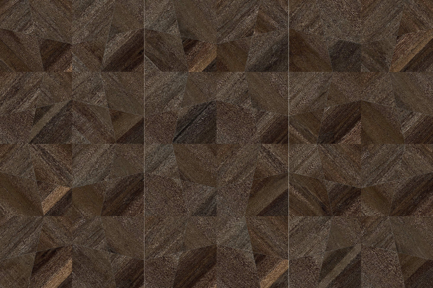 Shipwood Dark geometric wood-look sintered stone three-panel pattern