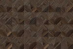 Panneaux côte à côte montrant des formes angulaires à veinage bois brun foncé — pierre frittée Dark Shipwood Geometric Wood Look