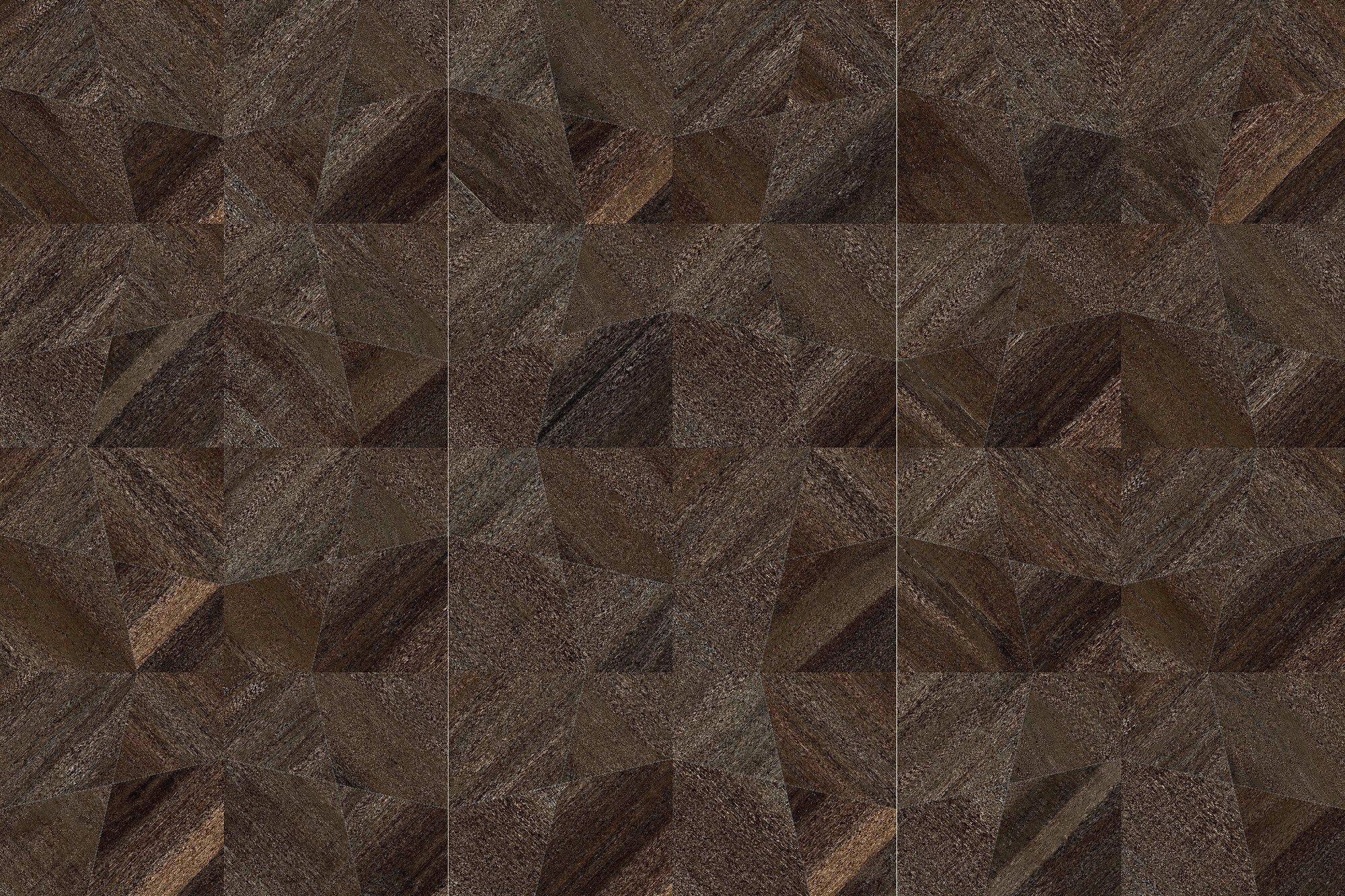 Shipwood Dark geometric wood-look sintered stone three-panel pattern