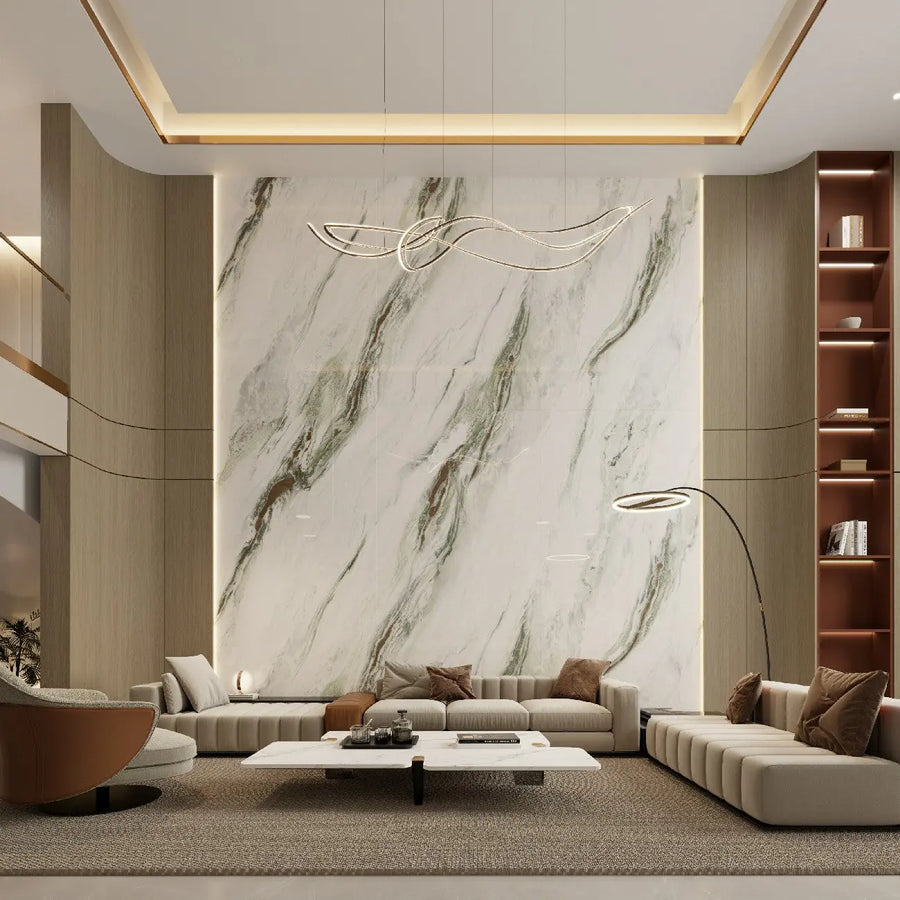 Close-up of Emerald Panda White sintered stone slab showing white stone veining
