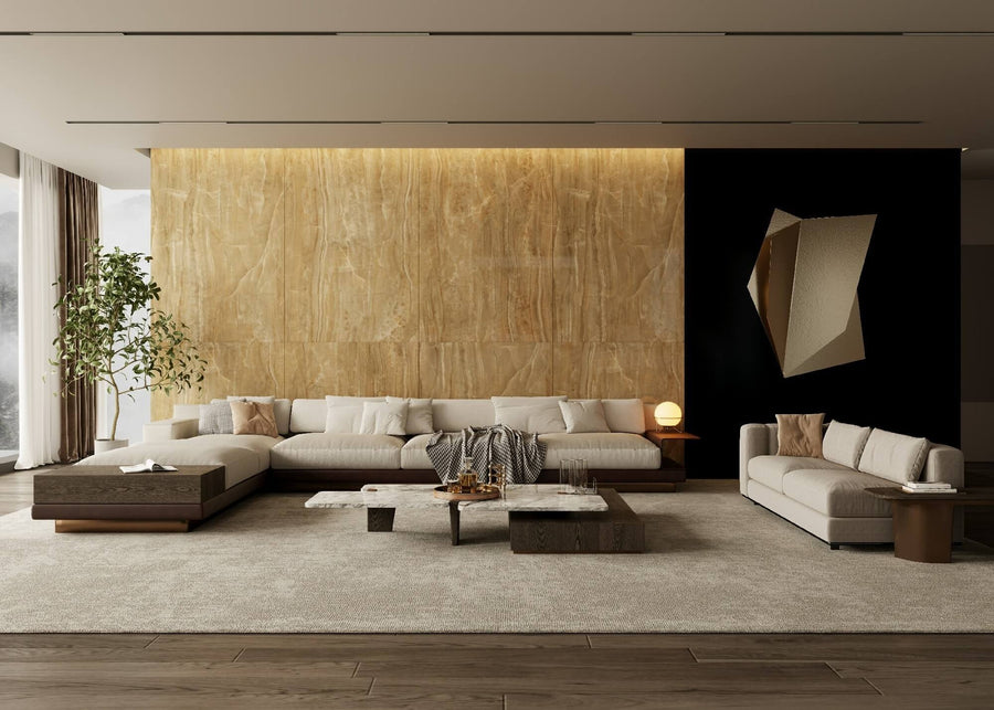 Roma Coffee Jade beige onyx look sintered stone luxury living room feature wall