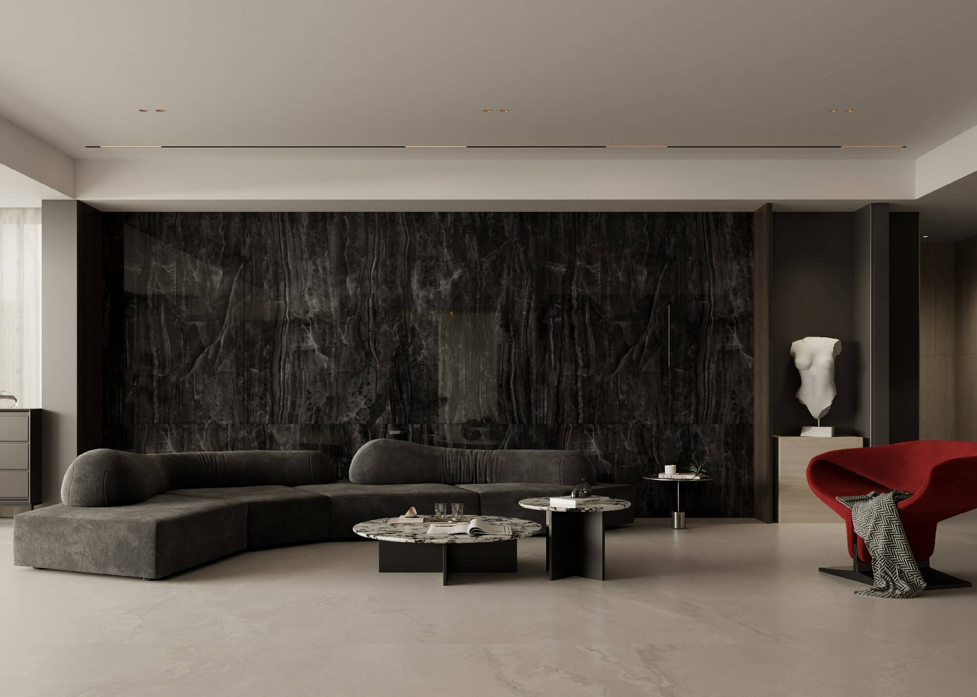Roma Ink Jade black onyx look sintered stone luxury living room feature wall