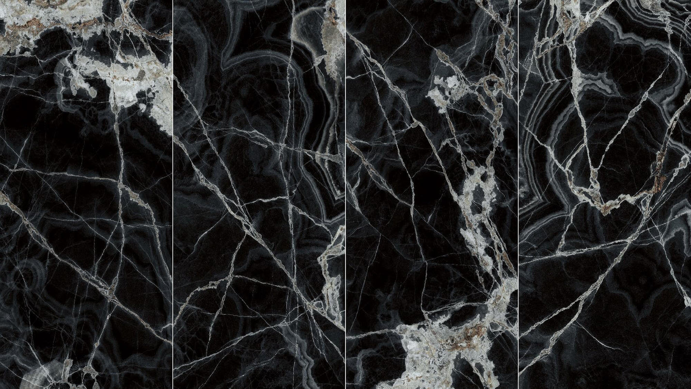 Four Black Crystallite faces with smoky crystal bands and mineral fractures