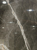 Gros plan d’une fine veine blanche irrégulière sur une surface sombre — pierre frittée Black Crystallite Black Onyx Look