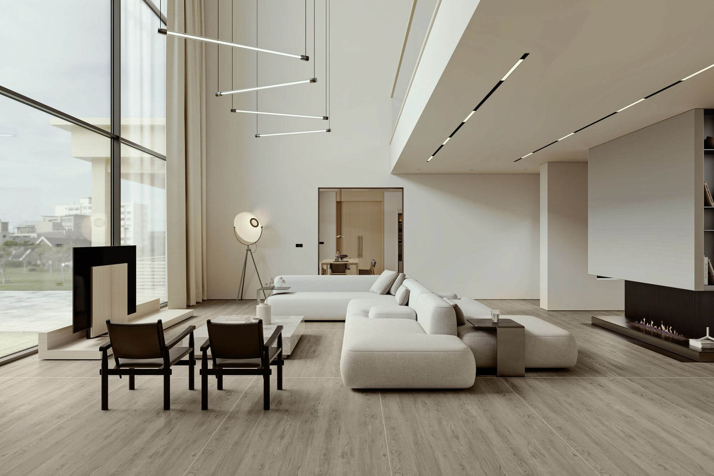 White Maple Wood look sintered stone used on a bright modern living room floor
