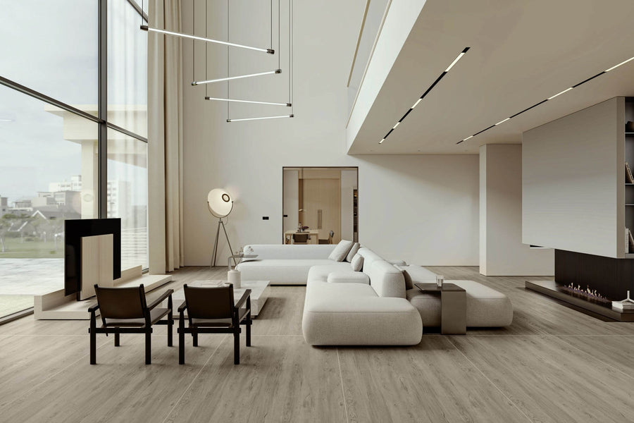 Спечённый камень White Maple Wood под дерево на полу светлой современной гостиной