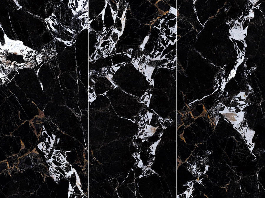 Close-up of Black Gold Veined Marble sintered stone slab showing marble-look veining