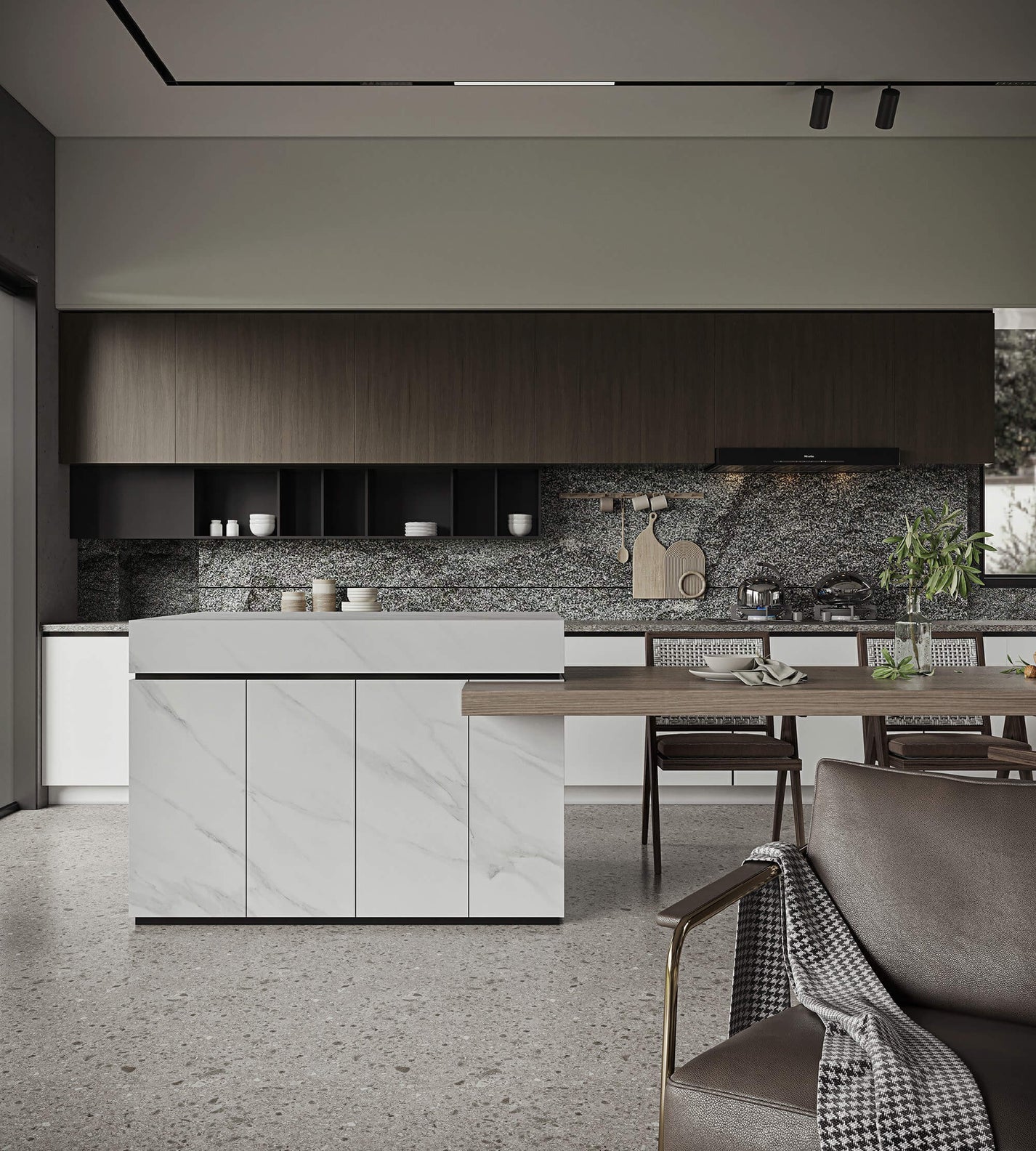 Крупный план плиты из спеченного камня Carrara White, на которой видны прожилки белого камня.