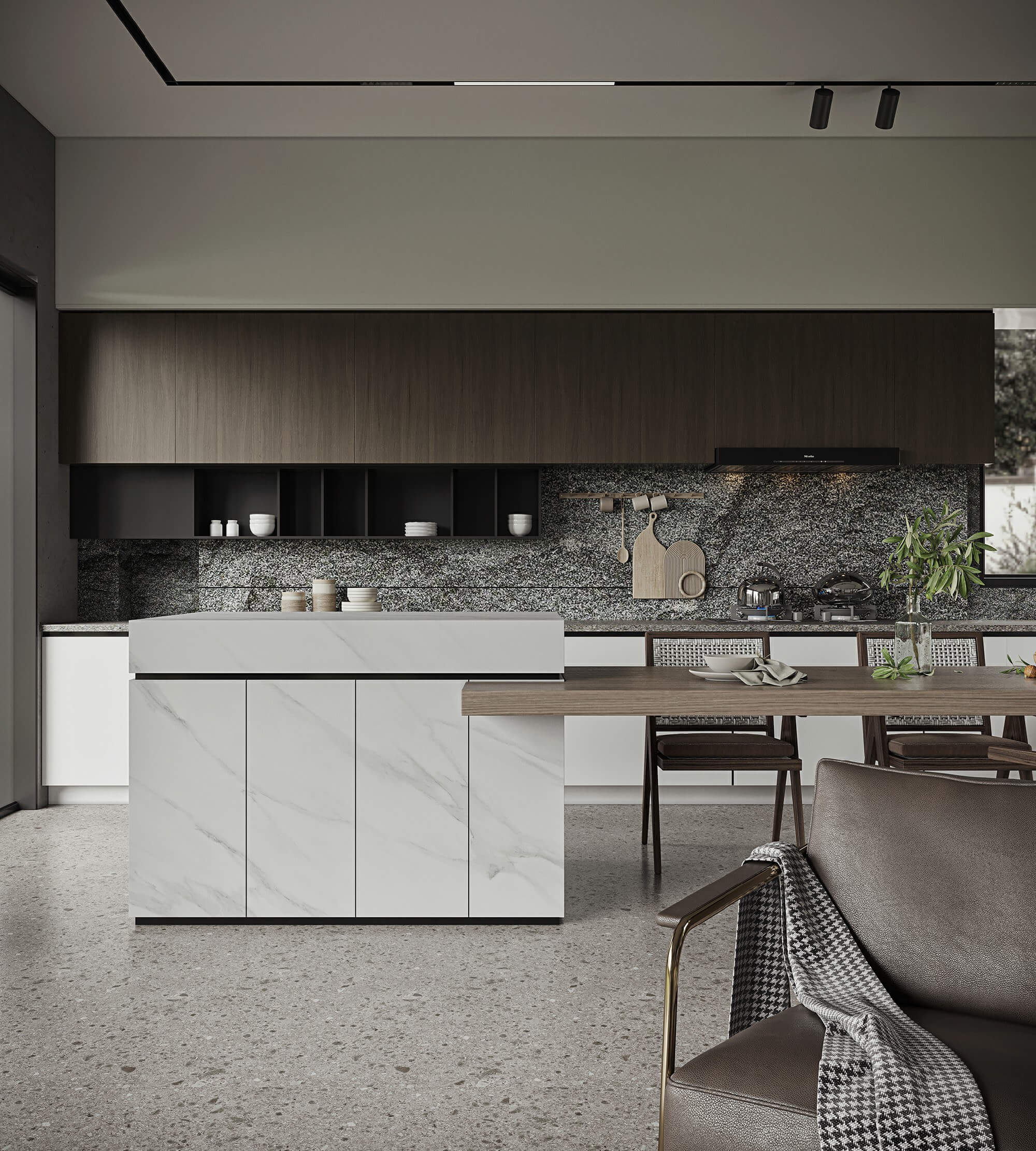 Крупный план плиты из спеченного камня Carrara White, на которой видны прожилки белого камня.