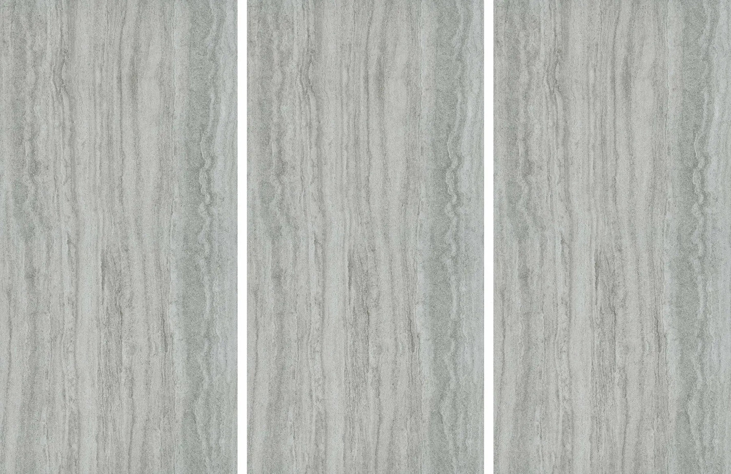 Matched Caesar Silver Travertine sintered stone surface panels showing the full linear travertine texture