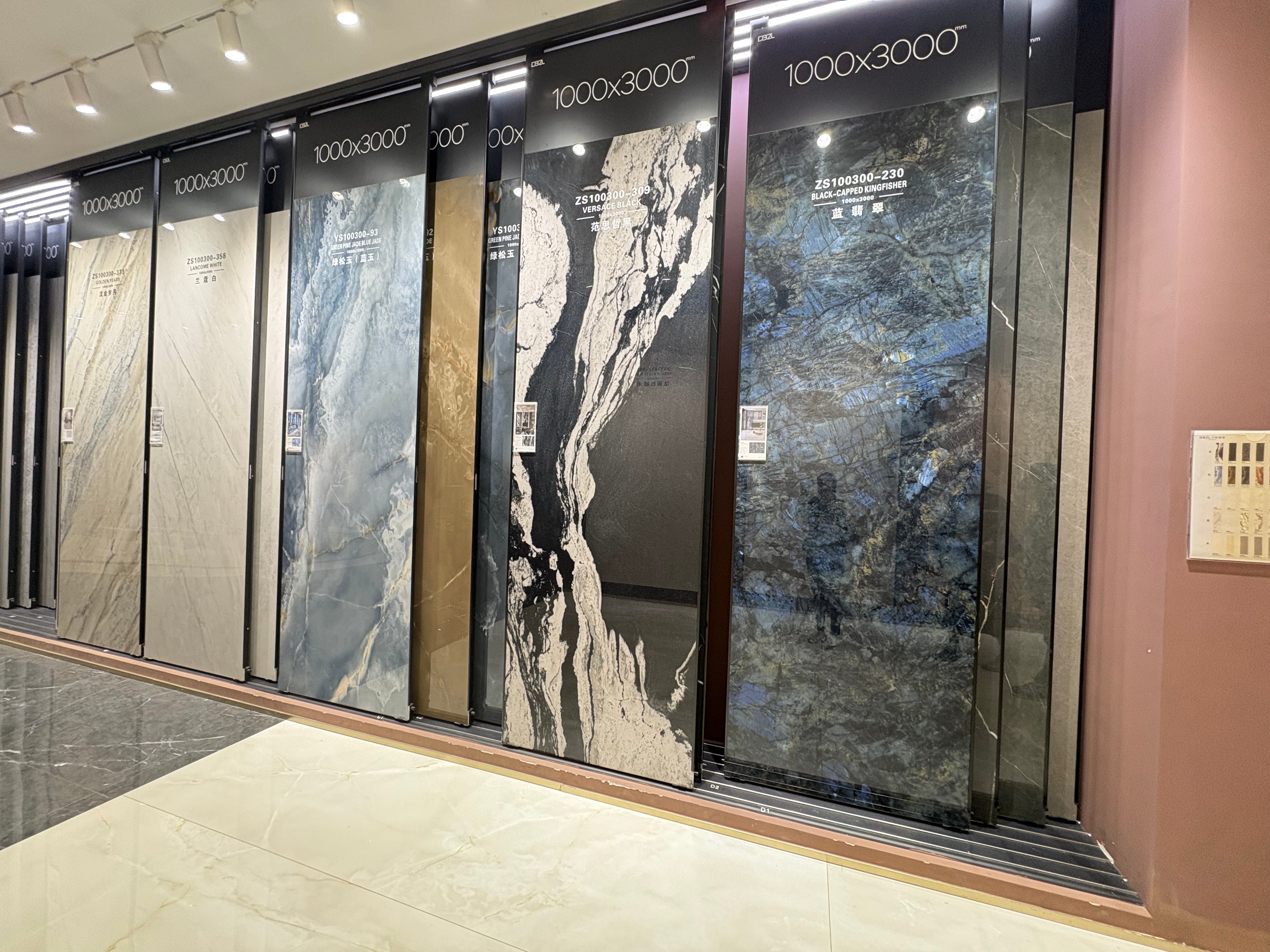 Large format sintered stone slab display in showroom
