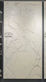 White slab with fine branching grey veins in a showroom frame — Alabaster White Soft Network Vein sintered stone