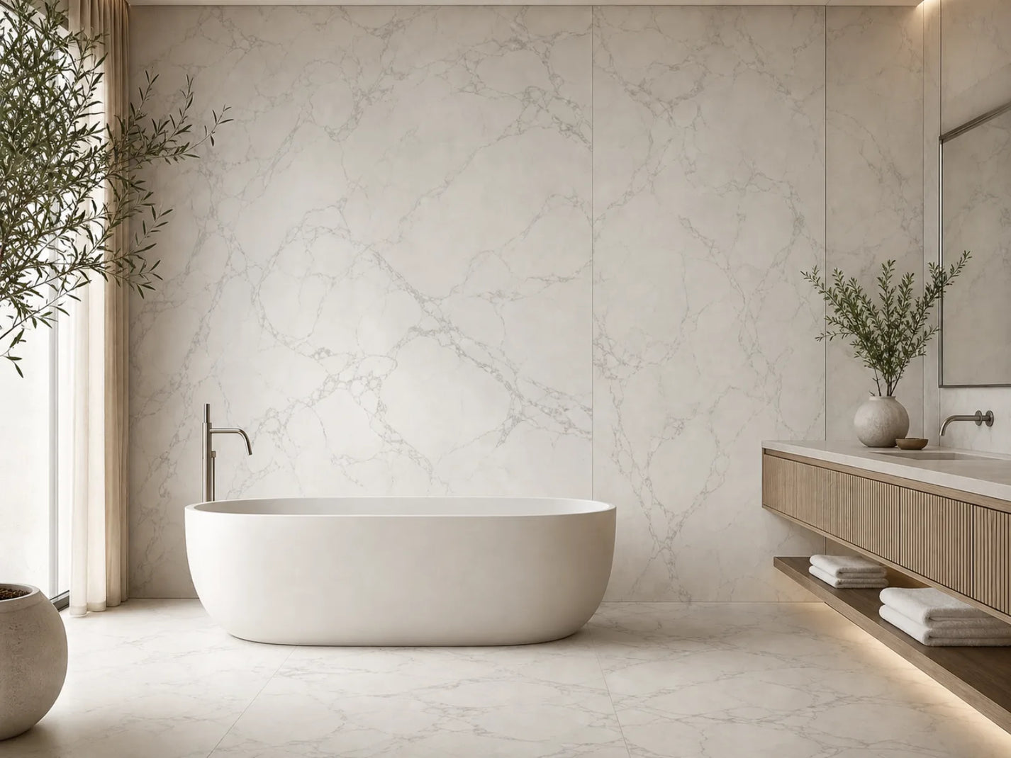 Serene wellness bathroom finished in Alabaster soft network-vein sintered stone