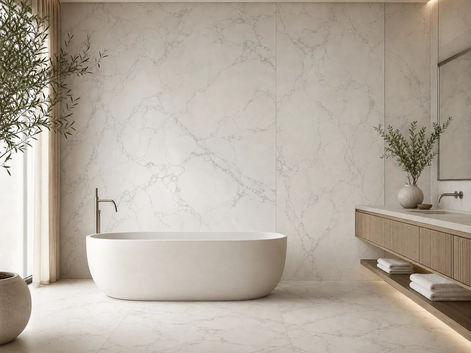 Serene wellness bathroom finished in Alabaster soft network-vein sintered stone