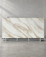 Alice Gold full-body white and gold veined slab on a complete steel A-frame