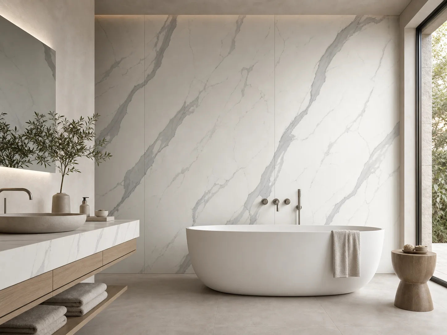 Serene spa bathroom featuring Andean White cloud-vein sintered stone