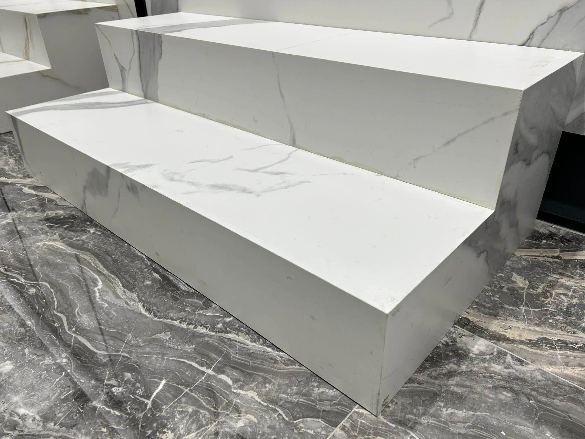 Andean White matte sintered stone installed on a staircase