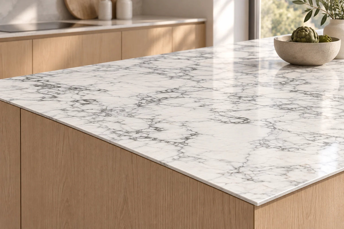 Balop sintered stone countertop with a thin 12mm edge above oak cabinetry