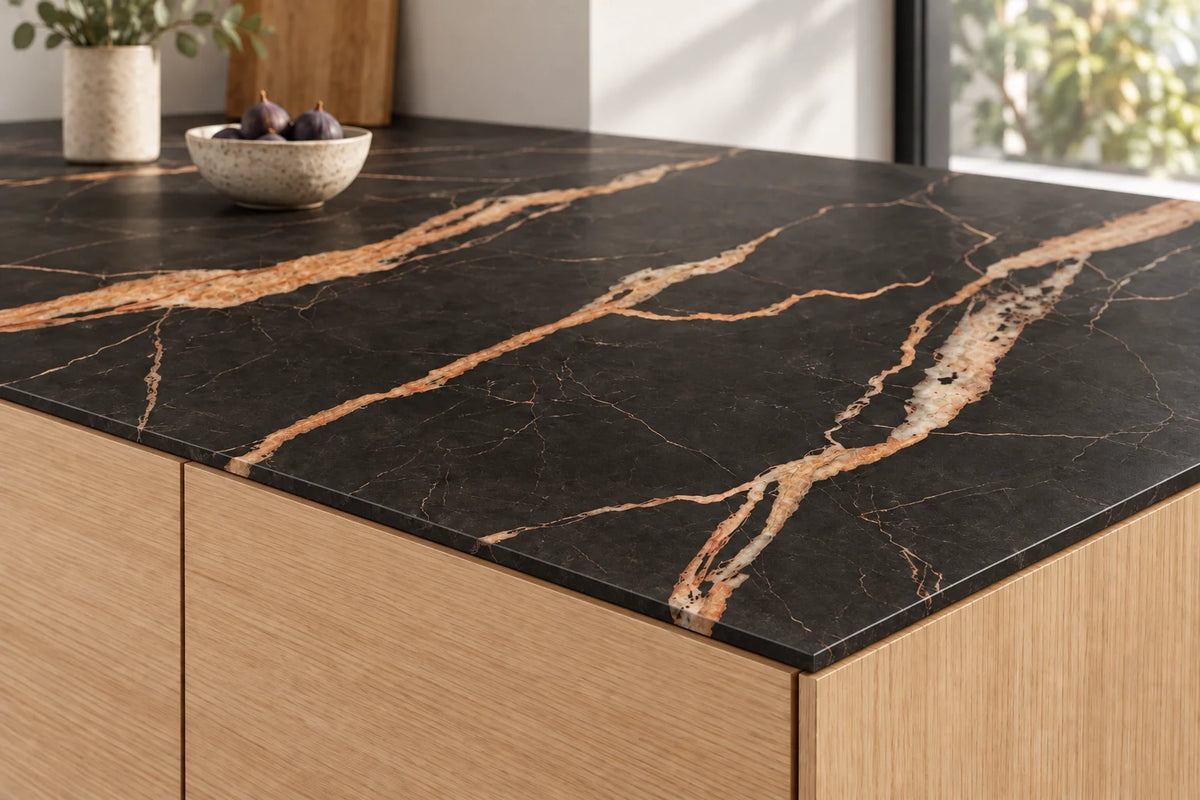 Black Gold Stone sintered stone countertop showing a slim 12 mm edge with gold and cream veins
