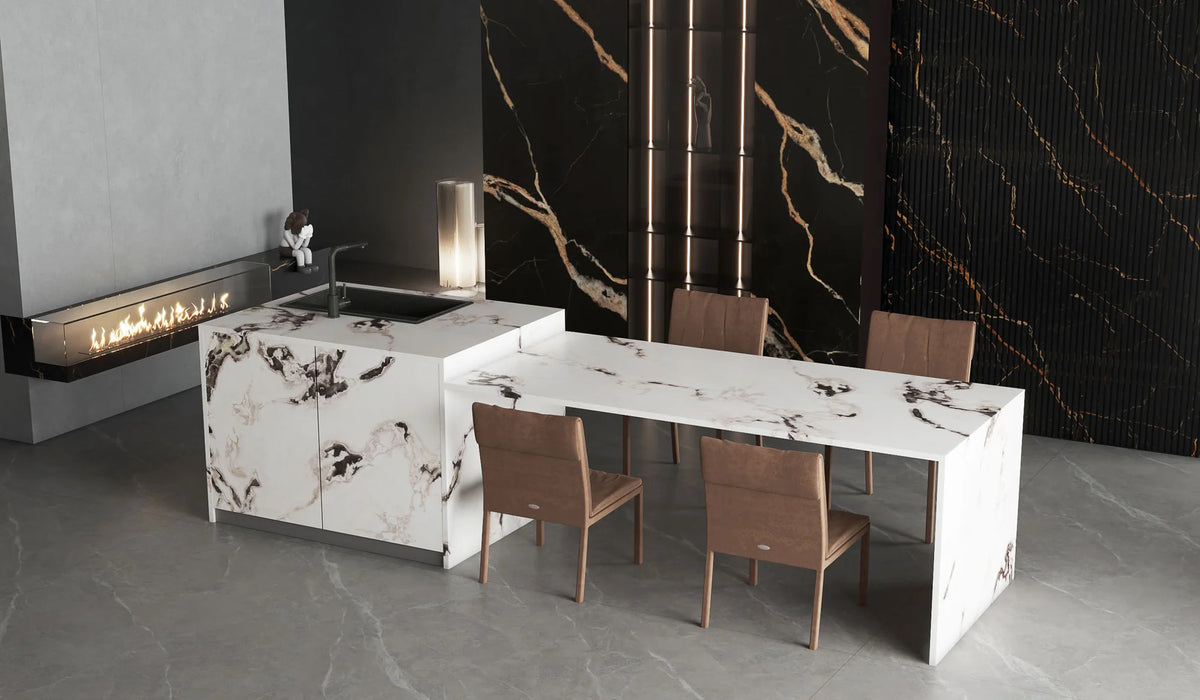 Black Gold Stone sintered stone wall panels behind a contrasting white kitchen island