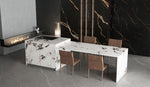 Black Gold Stone sintered stone wall panels behind a contrasting white kitchen island
