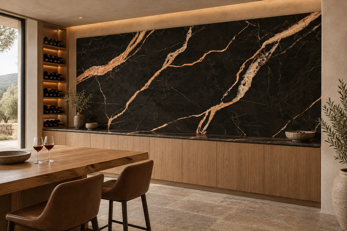 Black Gold Stone sintered stone with copper and cream veins on a wine room wall