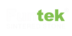 Funtek Sintered Stone logo in white and green on black