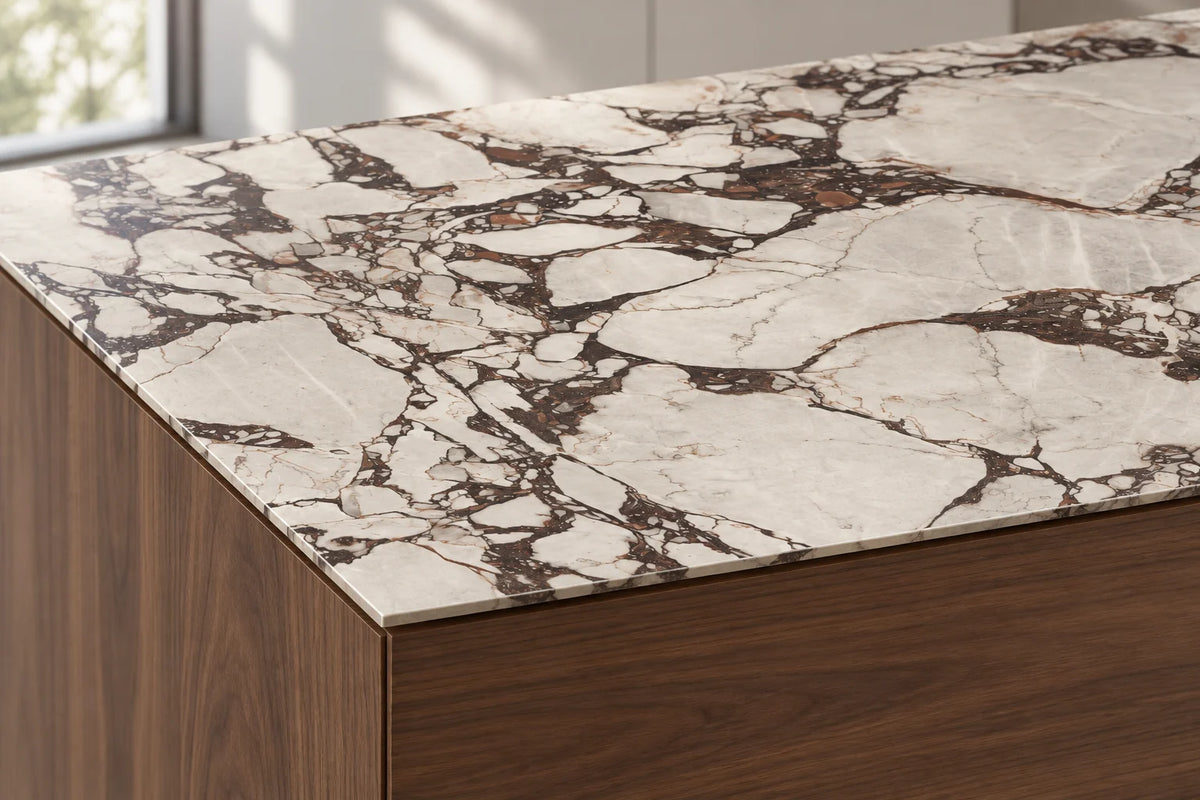 Boutique Bvlgari Purple sintered stone countertop with a thin 12mm edge above walnut cabinetry