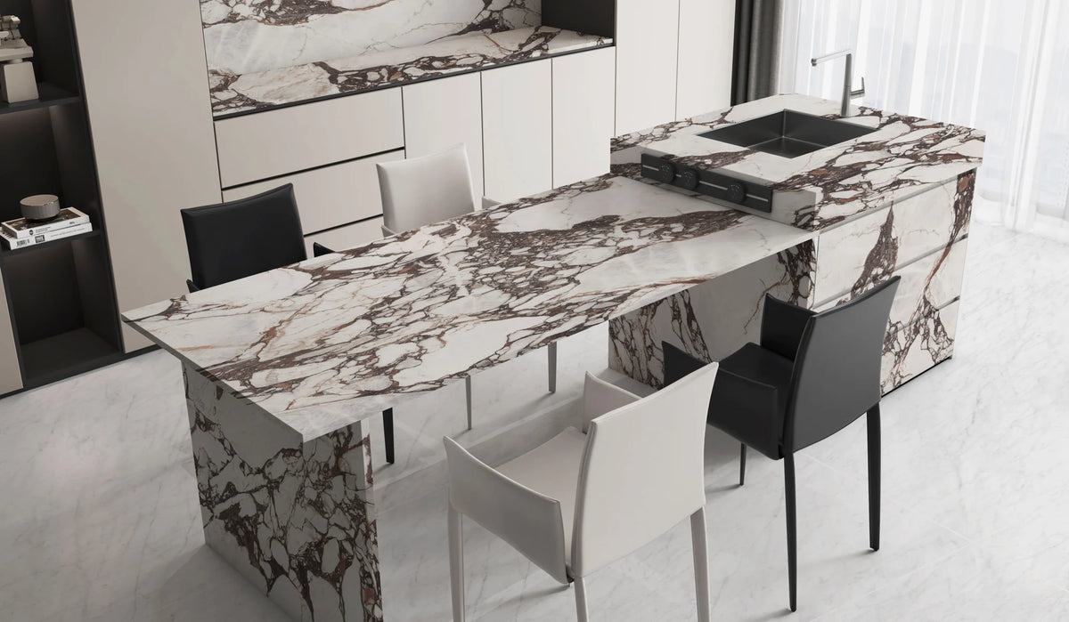 Boutique Bvlgari Purple sintered stone kitchen island and dining extension from the catalogue