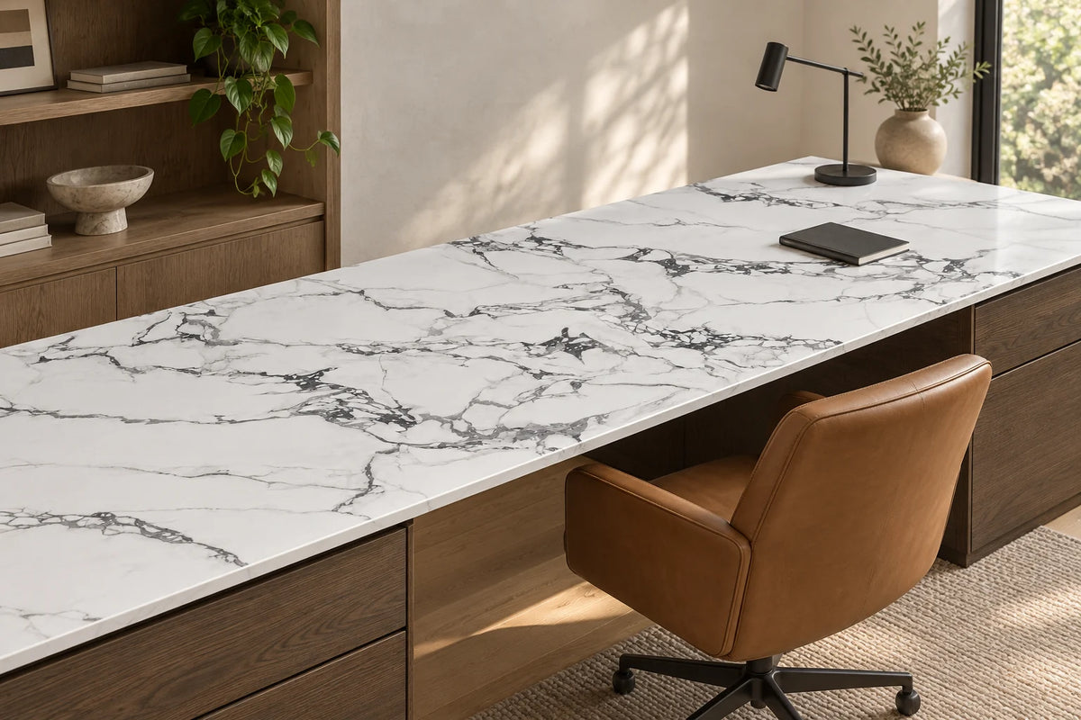 Bvlgari Black white and charcoal breccia-look sintered stone desk in a home office